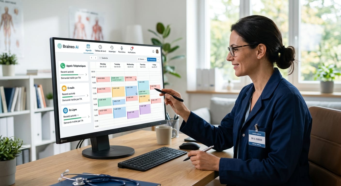 Interface épurée de l'assistant de prise de rdv IA Braineo connecté au calendrier professionnel d'un cabinet