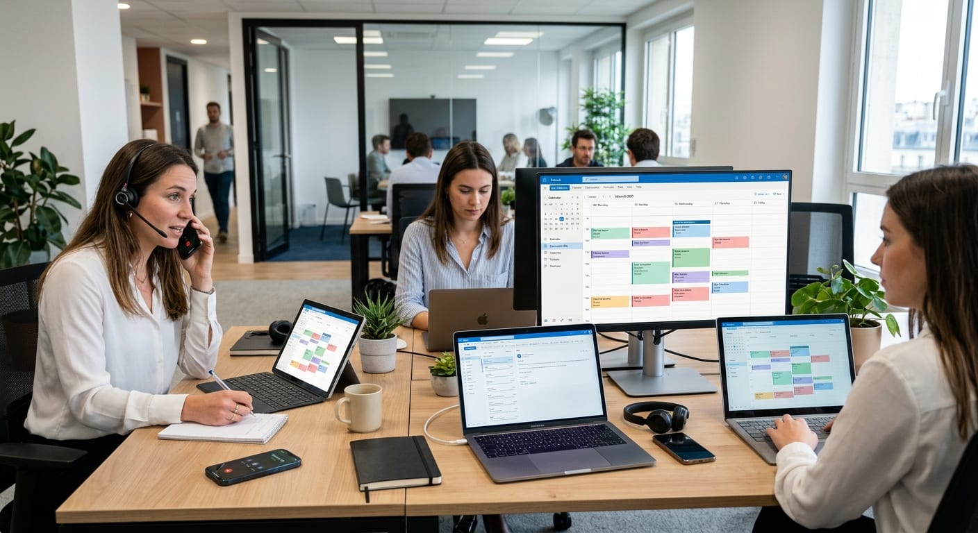 Vue synthétique montrant la synchronisation automatique des rendez-vous téléphoniques et mails dans un calendrier Microsoft 365